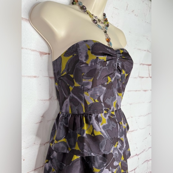 J. CREW 4 Floral Tiered Ruffle Strapless Grey Olive Layered Mini Cocktail Dress - Picture 3 of 14